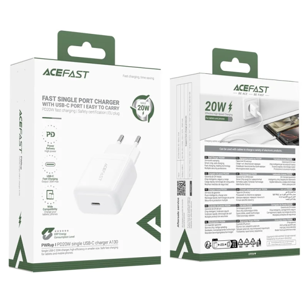 ACEFAST A130 PD 20W USB-C Charger Single Port Travel Home Fast Charging Adapter - EU Plug