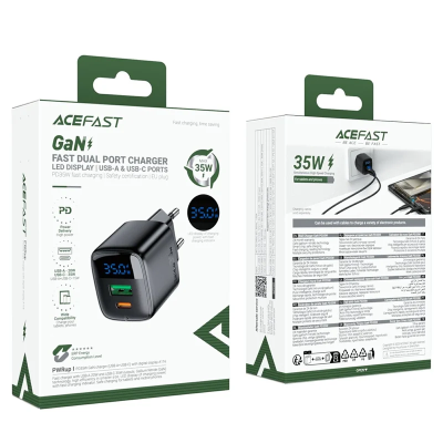 ACEFAST A116 For Multiple Devices PD 35W GaN Charger Dual Port USB C and A LED Display Quick Charging Adapter - EU Plug