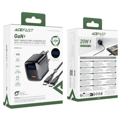 ACEFAST A113 For PD20W USB-C GaN Charger Kit LED Display Fast Charging High Efficiency Adapter - EU Plug
