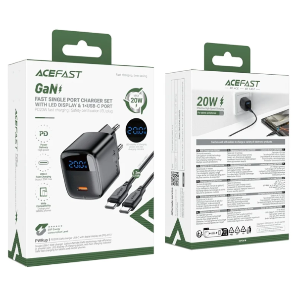 ACEFAST A113 For PD20W USB-C GaN Charger Kit LED Display Fast Charging High Efficiency Adapter - EU Plug