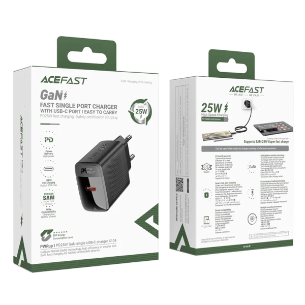 Adaptateur de charge rapide ACEFAST A104 PD 25 W, port unique, USB-C, prise UE