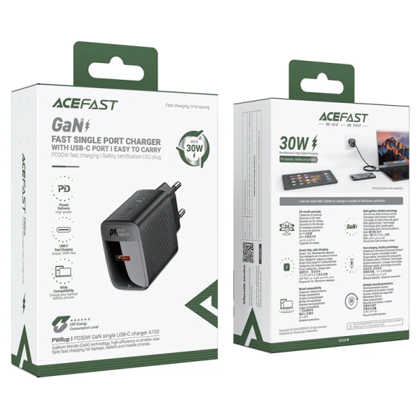 Adaptateur secteur ACEFAST A102 GaN PD 30 W, chargeur mural pour téléphone USB-C, prise européenne